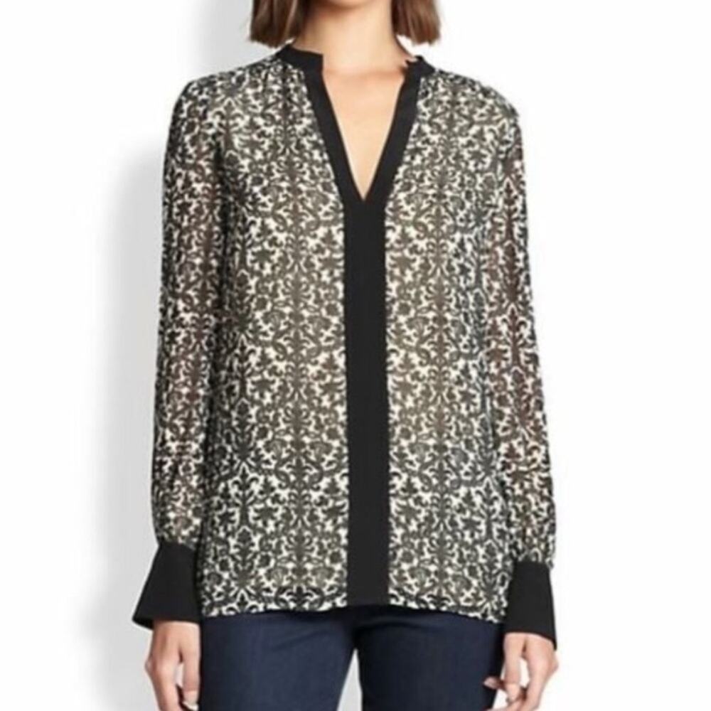 Tory Burch Jessica Black White Silk Long Sleeve‎ Blouse